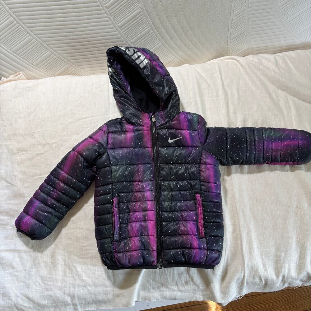 Nike Girls 3T Galaxy Puffer Jacket Purple Just Do It Hooded Winter Coat
